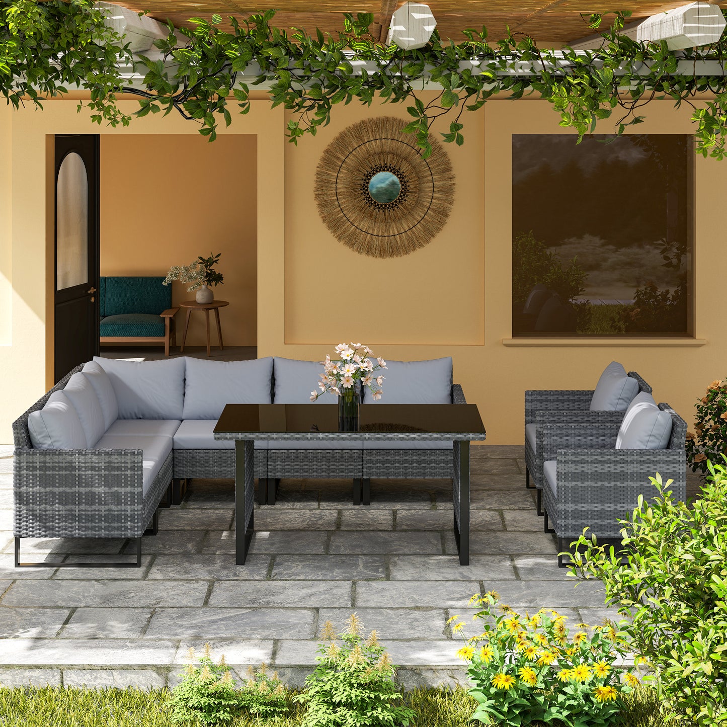 Sectional Outdoor Furniture with Glass Top Table, Light Grey