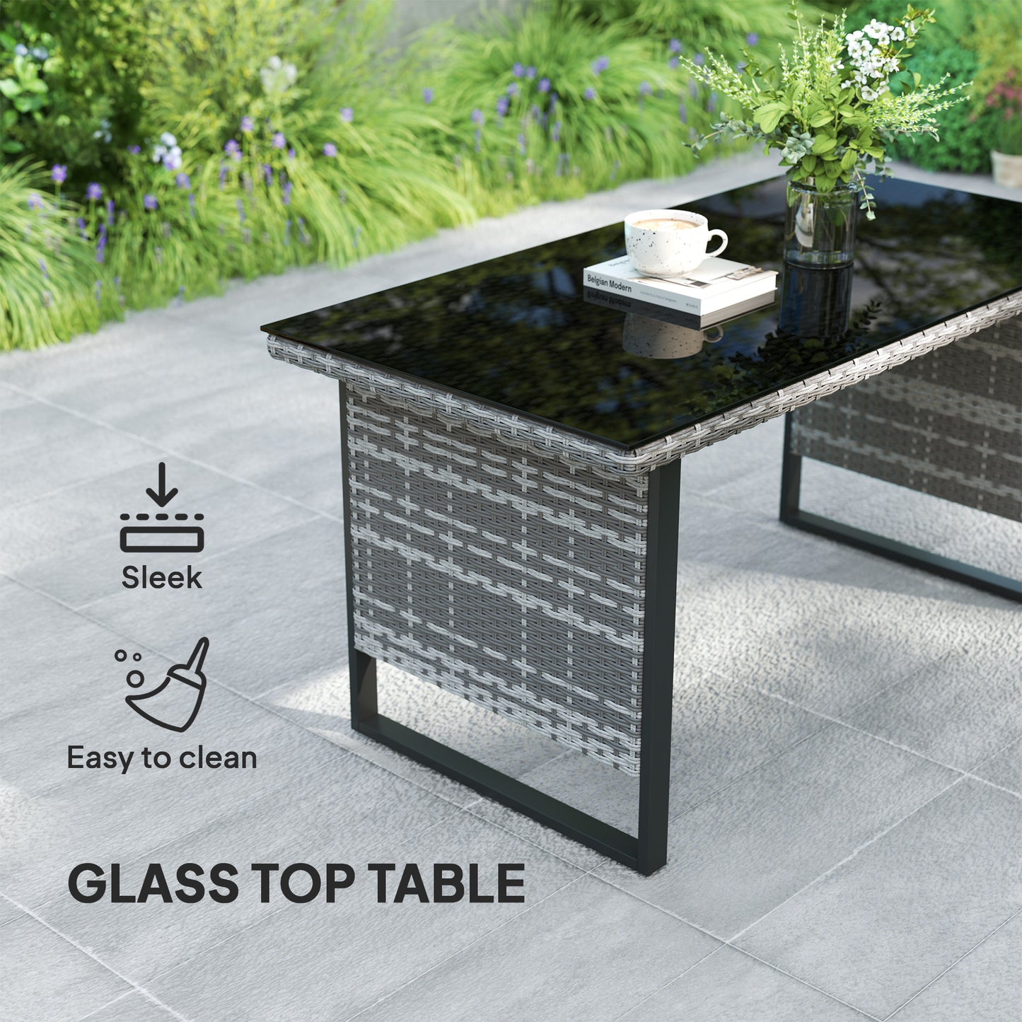 Sectional Outdoor Furniture with Glass Top Table, Light Grey