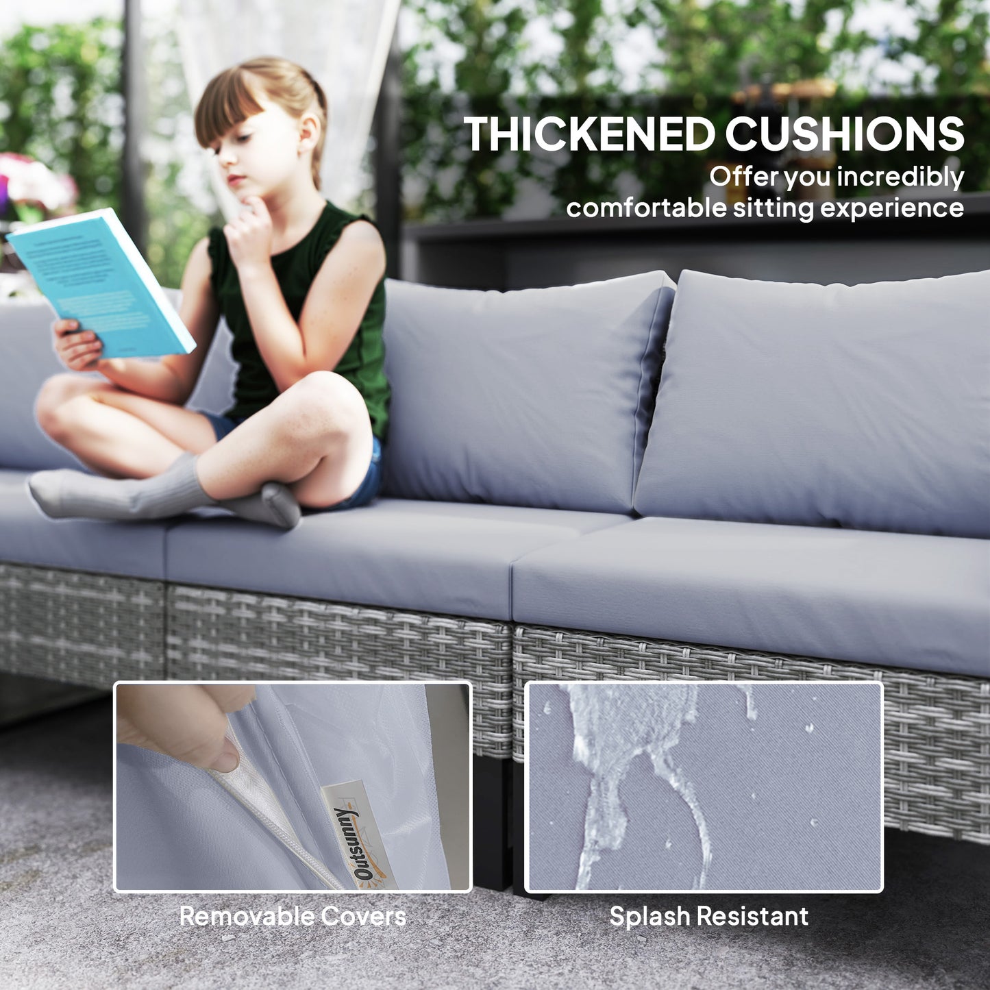 Sectional Outdoor Furniture with Glass Top Table, Light Grey