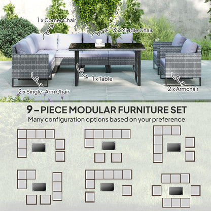 Sectional Outdoor Furniture with Glass Top Table, Light Grey