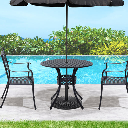 85cm Round Garden Table with Umbrella Hole, Aluminium Grid Motif Outdoor Dining Table for Garden Patio, Black