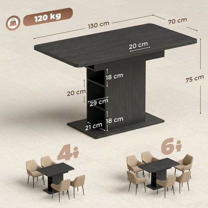 Extendable Dining Table for 4-6 People, 110-130cm Kitchen Table with 6 Open Shelves, Storage Compartment for Home, Living Room, Small Spaces, Black