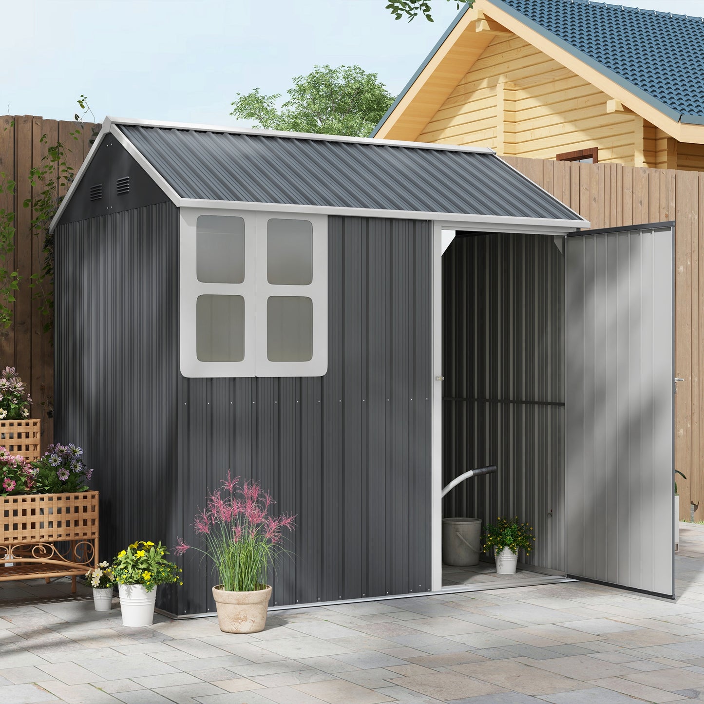 7 x 6 ft Metal Garden Shed Outdoor Storage Shed w/ Door, Dark Grey