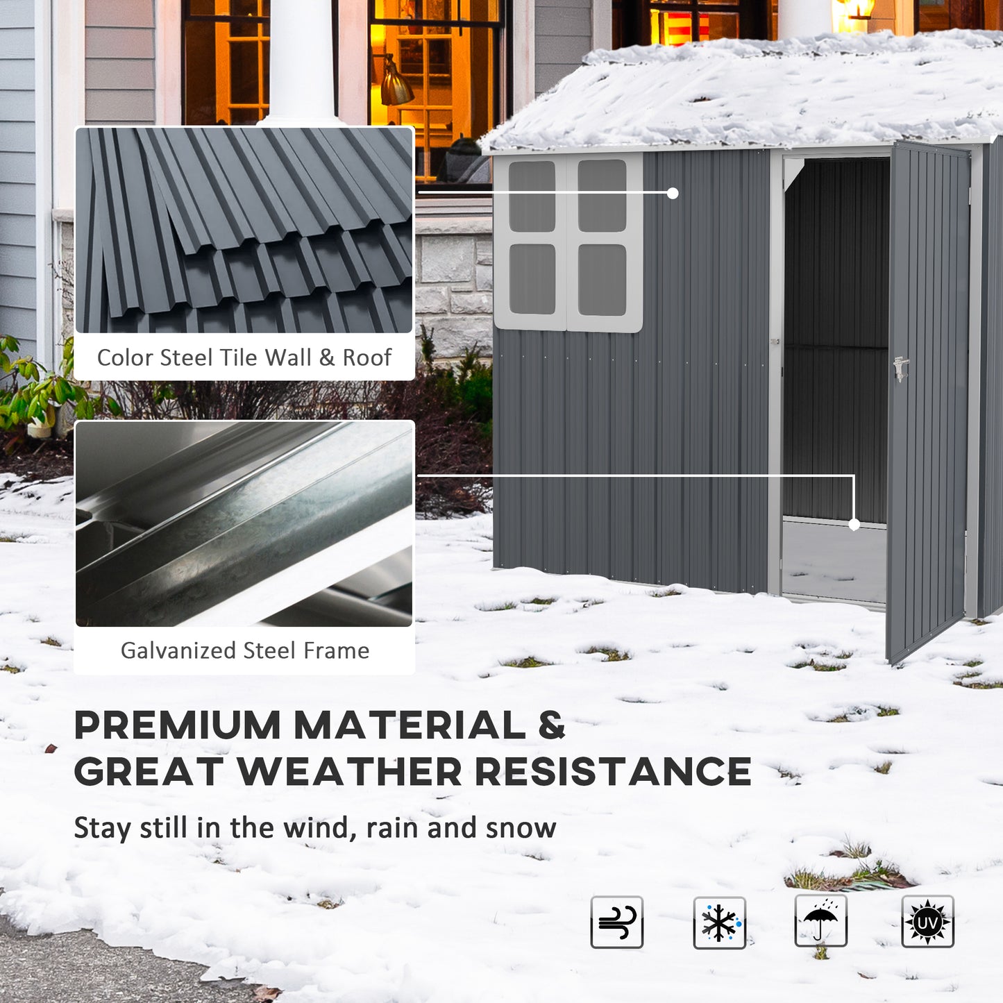 7 x 6 ft Metal Garden Shed Outdoor Storage Shed w/ Door, Dark Grey