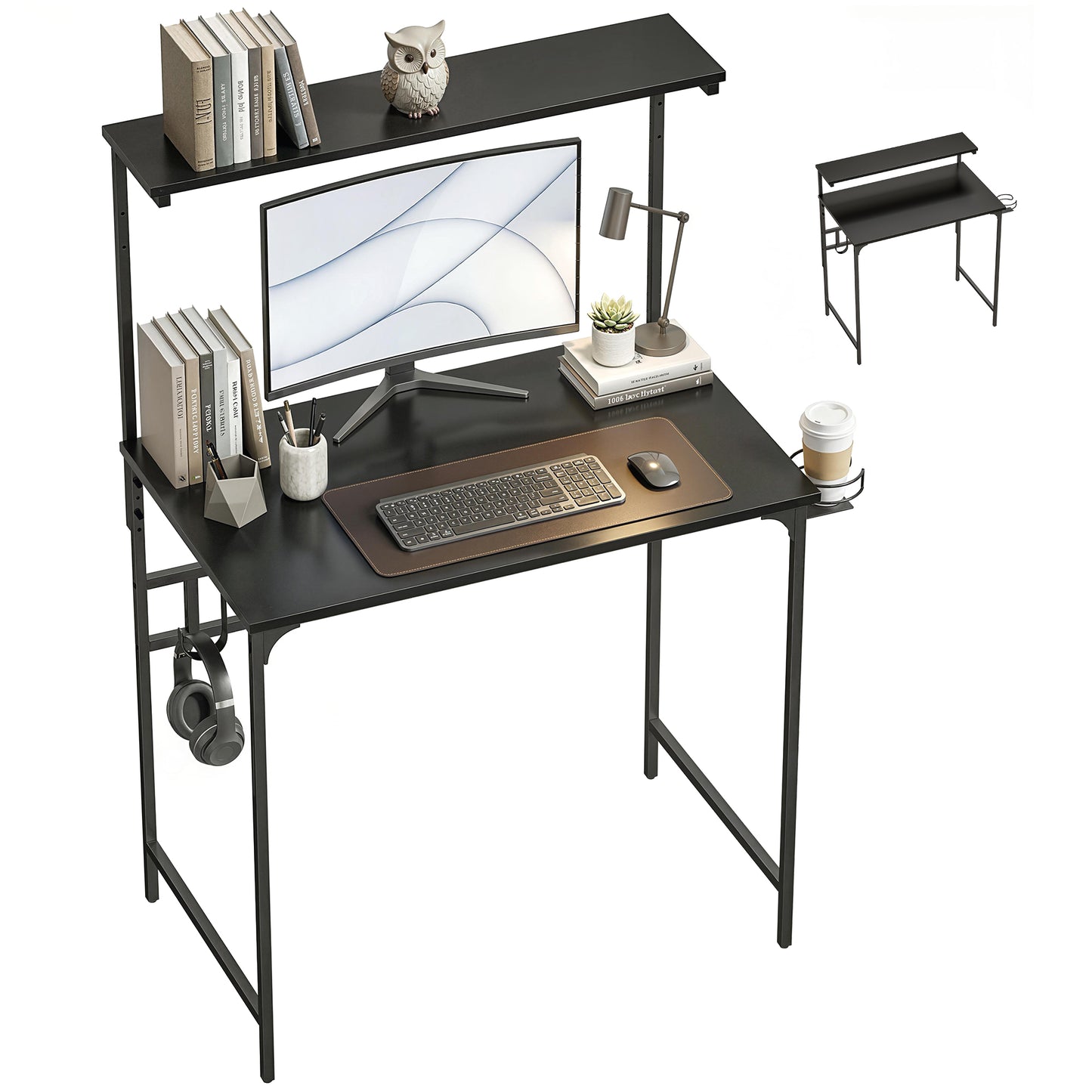 Computer Desk, 80cm Home Office Study Table with Hutch Shelf, Black