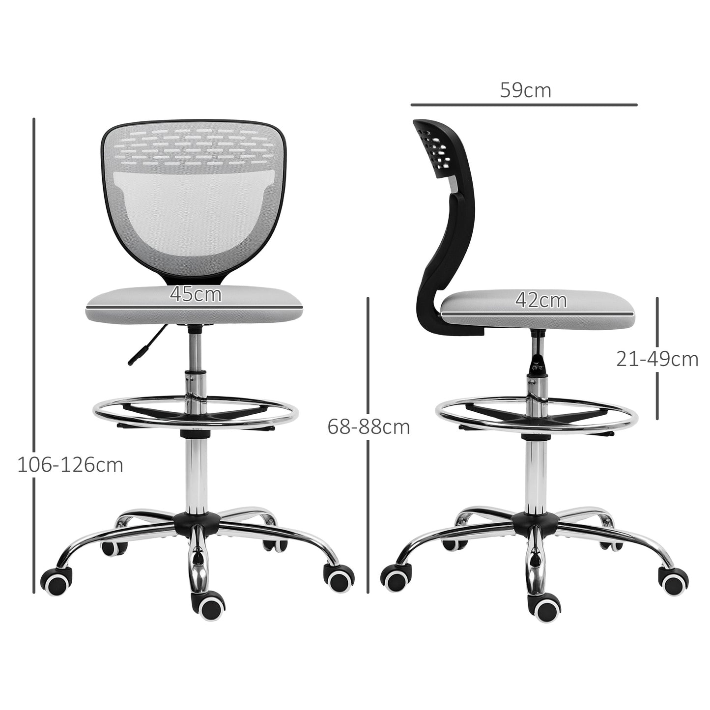 Draughtsman Chair, Office Chair with Wheels, Light Grey