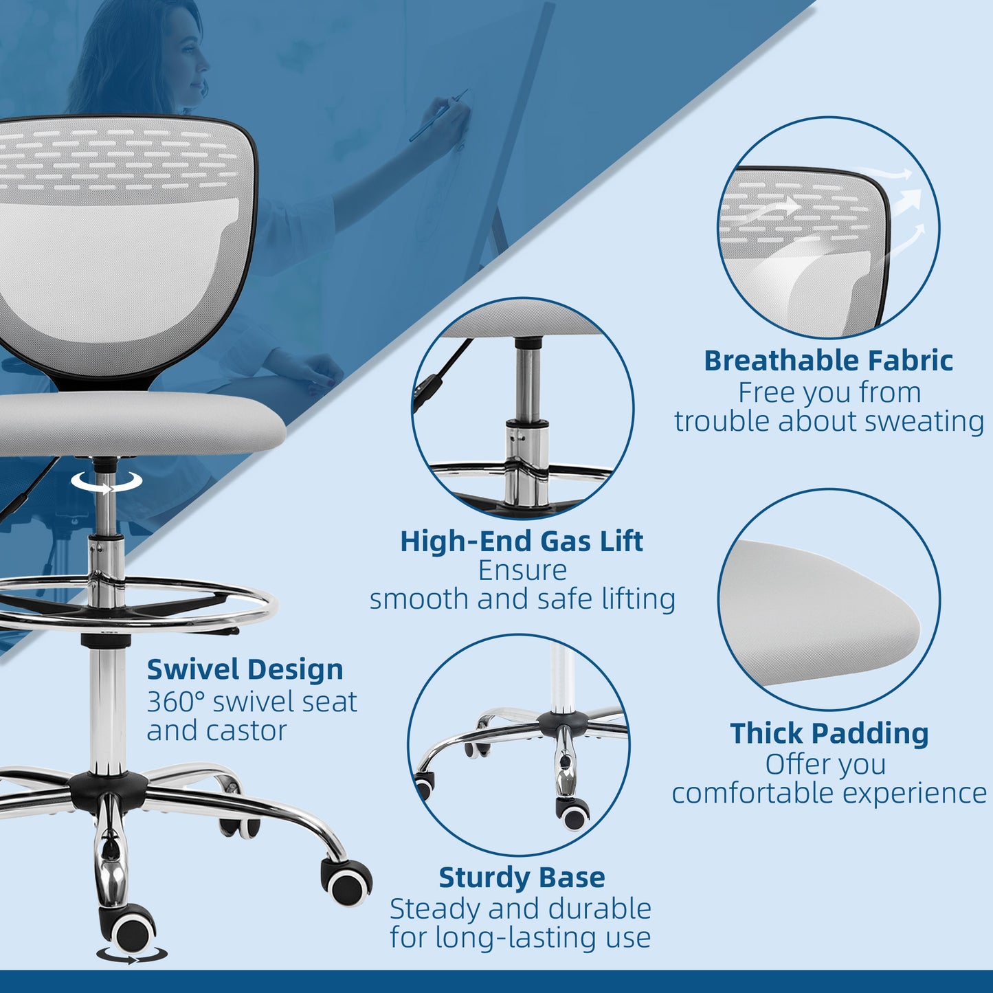 Draughtsman Chair, Office Chair with Wheels, Light Grey