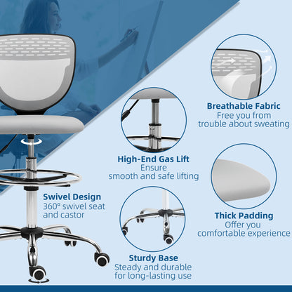 Draughtsman Chair, Office Chair with Wheels, Light Grey