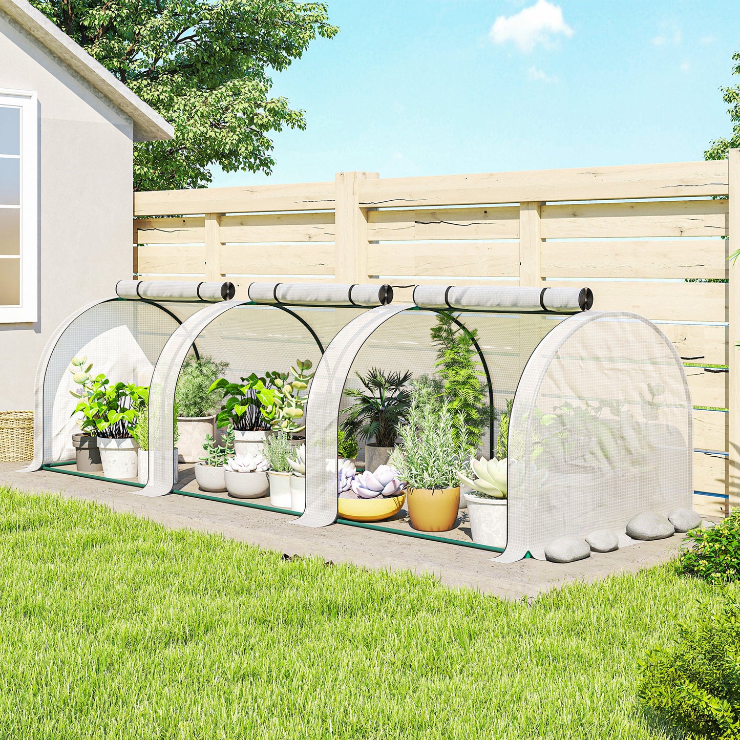 PE Tunnel Greenhouse, Green Grow House with Steel Frame and Zipper Doors for Garden, 295 x 100 x 80cm, White