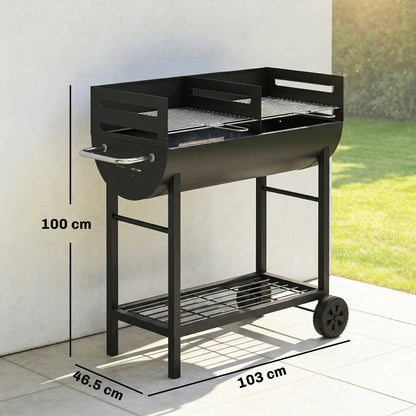 Charcoal Barbecue Grill with 2 Cooking Areas, Wheels