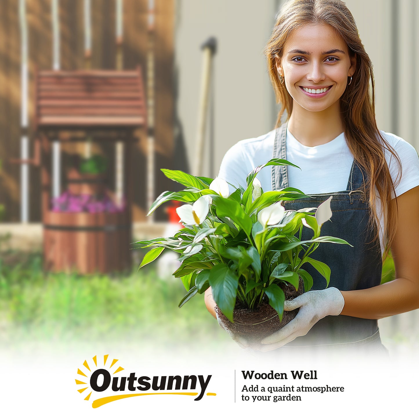 Wooden Wishing Well Planter, Flower Planter with Drainage Hole