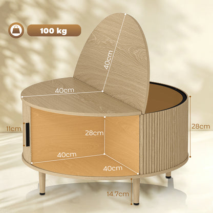 Round Coffee Table with Storage, 80 cm Modern Centre Table with Fluted Sliding Cabinet Door and Lift Top, Wood Circle Drum Table for Living Room, Natural Wood