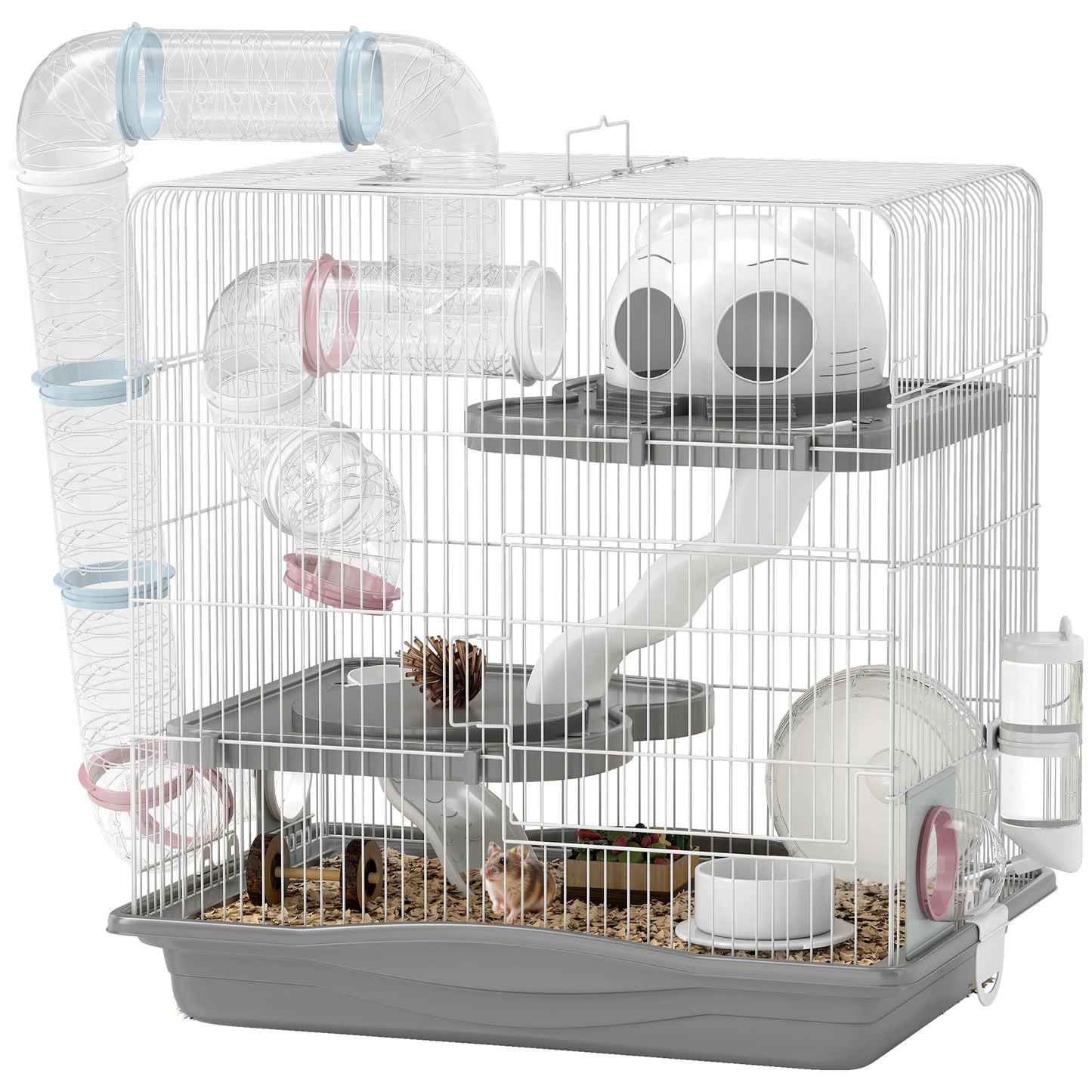 3-Tier Hamster Cage, Gerbil Cage with Exercise Wheel, Tunnel, Water Bottle, Food Dish, Hut, Ramp, for Dwarf Hamsters, 45 x 30 x 45 cm, Grey