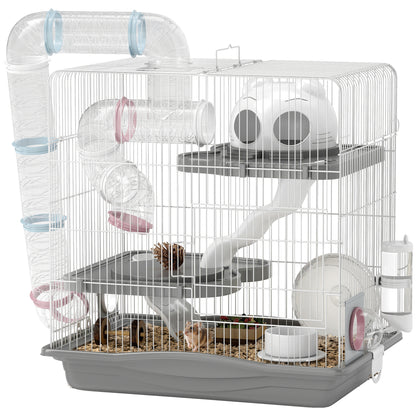 3-Tier Hamster Cage, Gerbil Cage with Exercise Wheel, Tunnel, Water Bottle, Food Dish, Hut, Ramp, for Dwarf Hamsters, 45 x 30 x 45 cm, Grey