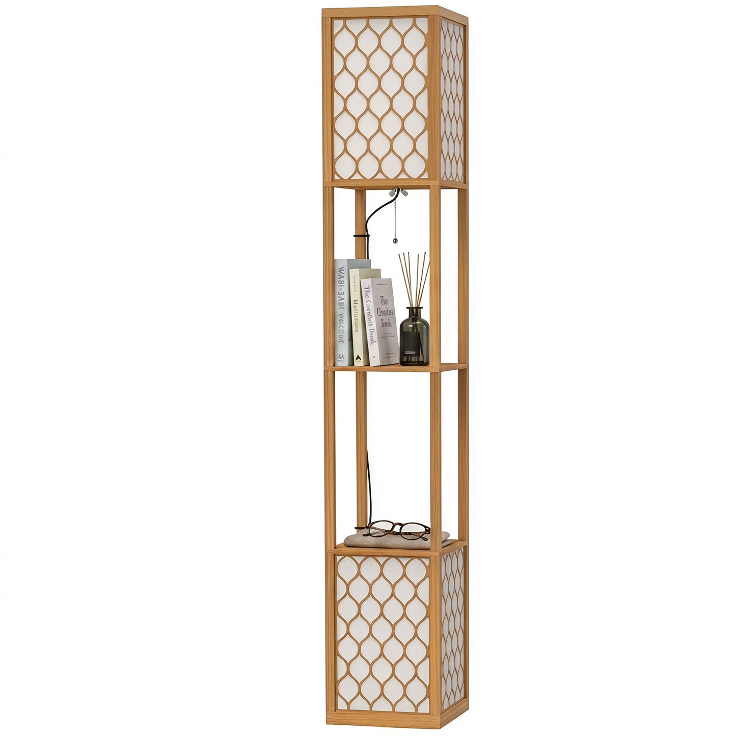 2-Light Modern Floor Lamp w/ Shelves, Bedroom, Natural Wood Finish