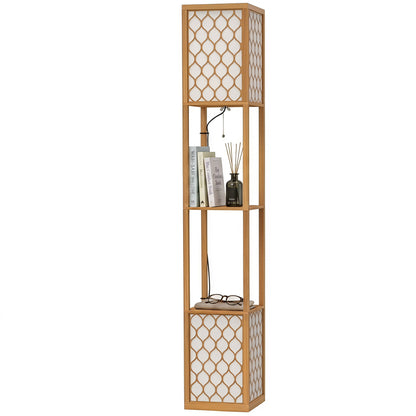 2-Light Modern Floor Lamp w/ Shelves, Bedroom, Natural Wood Finish