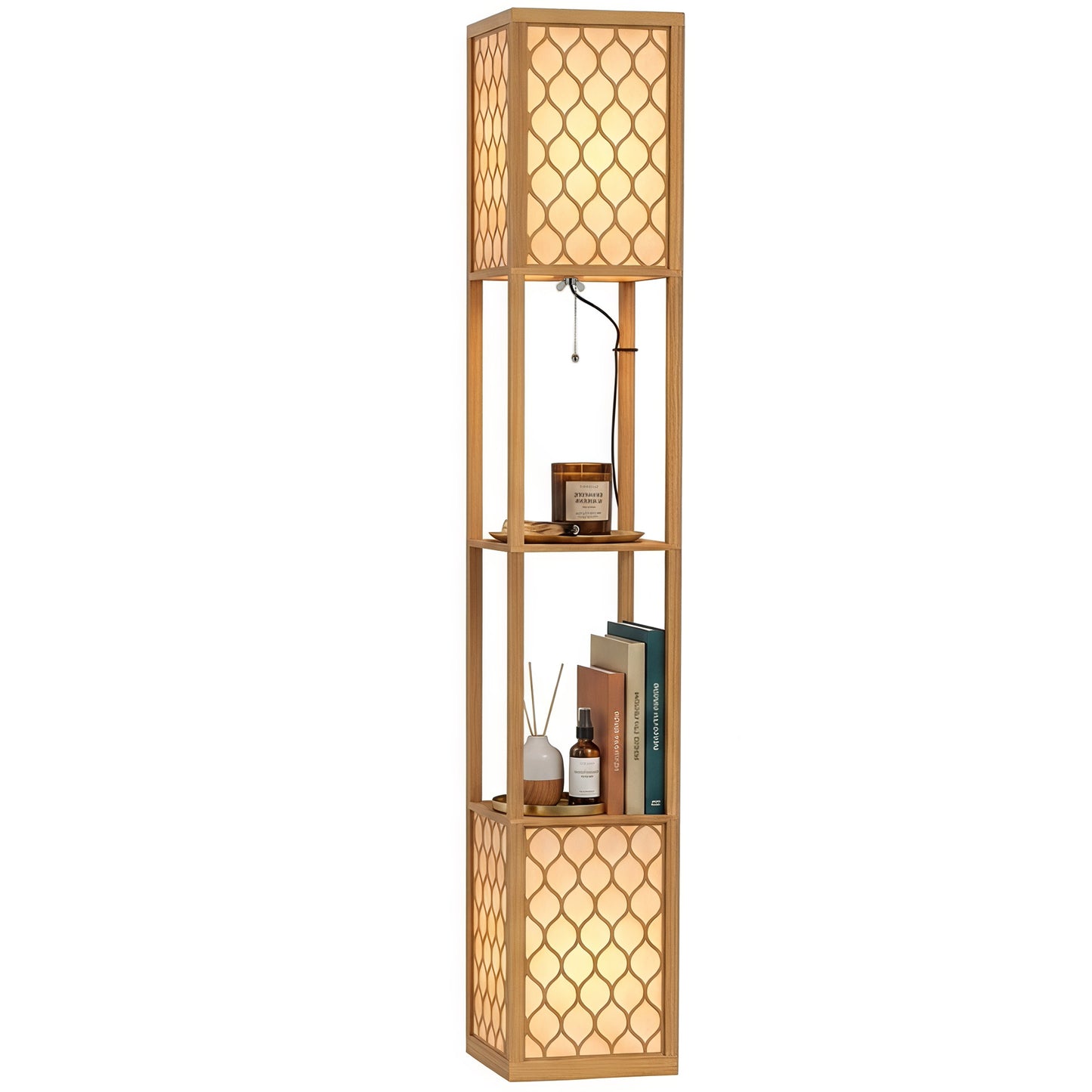 2-Light Modern Floor Lamp w/ Shelves, Bedroom, Natural Wood Finish