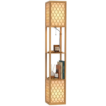 2-Light Modern Floor Lamp w/ Shelves, Bedroom, Natural Wood Finish