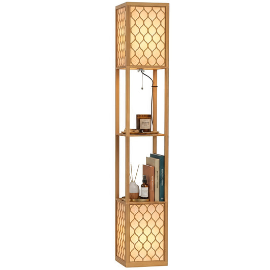 2-Light Modern Floor Lamp w/ Shelves, Bedroom, Natural Wood Finish