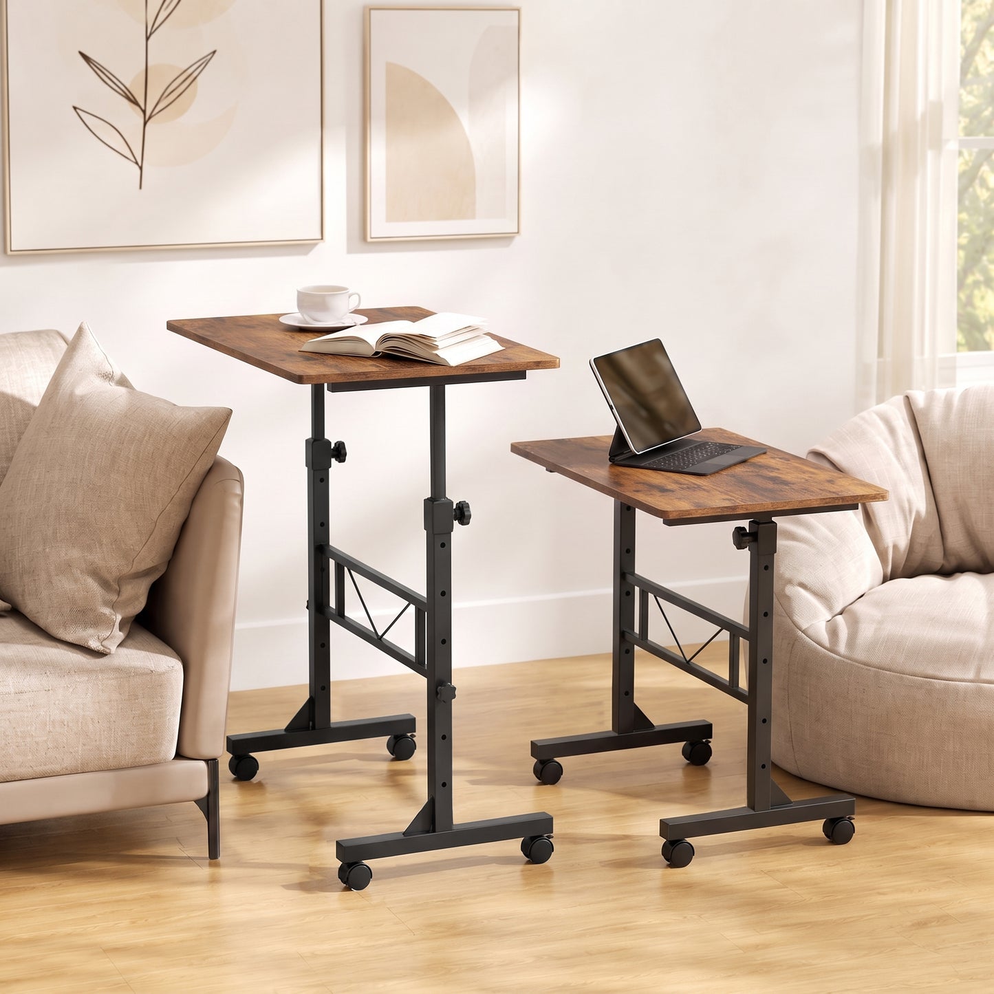 Overbed Table Adjustable Height with Steel Frame Rustic Brown