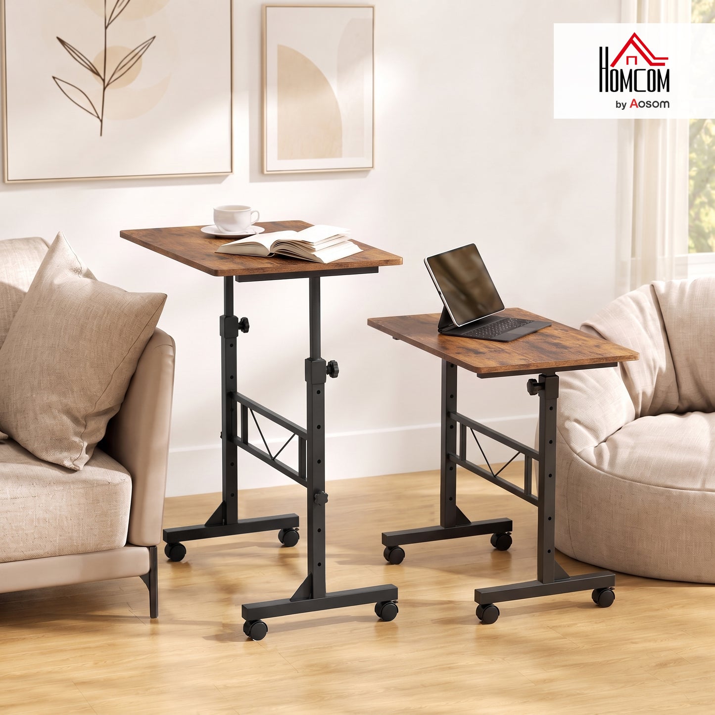 Overbed Table Adjustable Height with Steel Frame Rustic Brown
