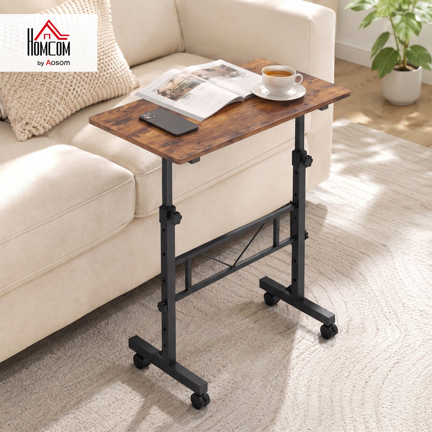 Overbed Table Adjustable Height with Steel Frame Rustic Brown