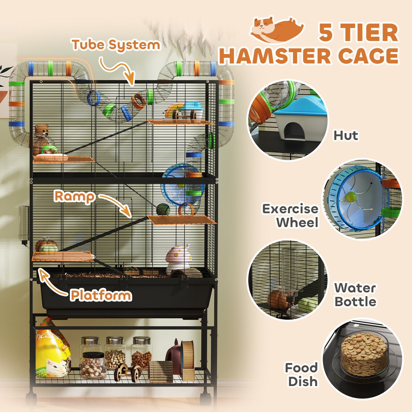 Hamster Cage, 5 Tier Gerbil Cage on Wheels with Storage Shelf