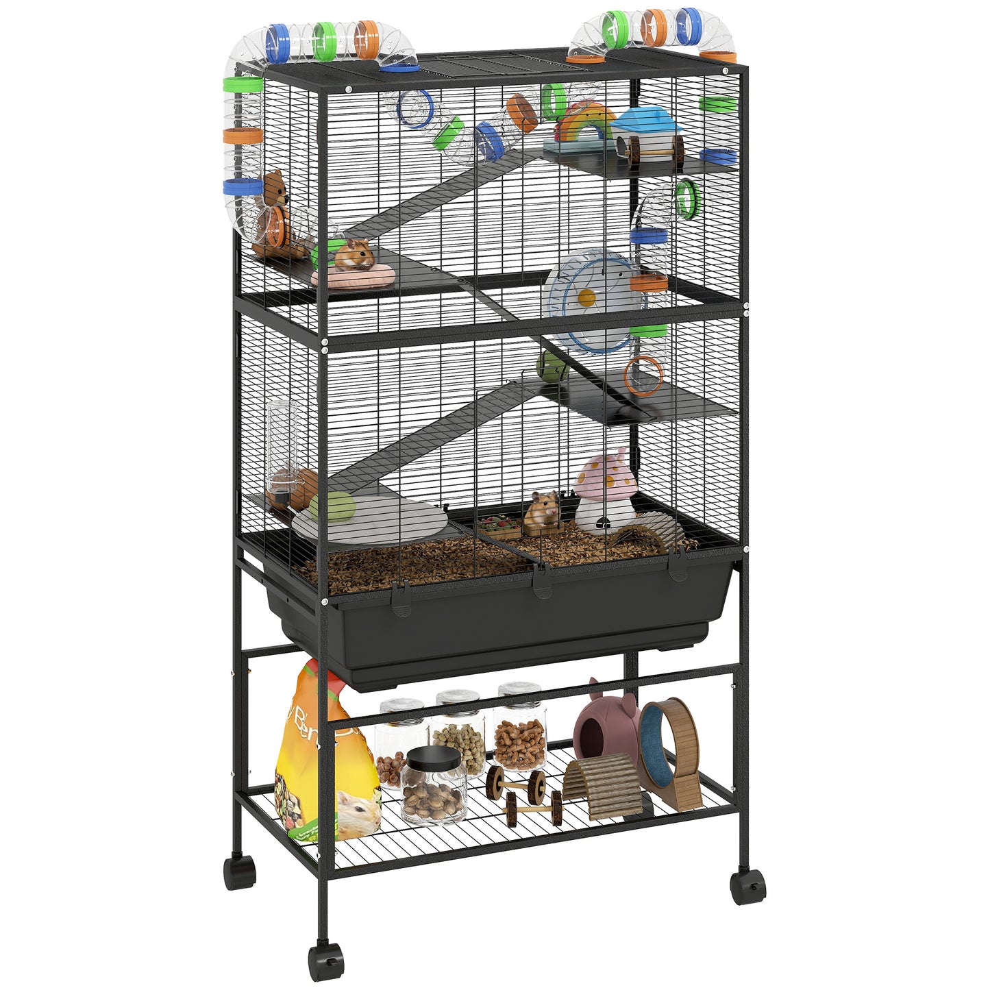 Hamster Cage, 5 Tier Gerbil Cage on Wheels with Storage Shelf