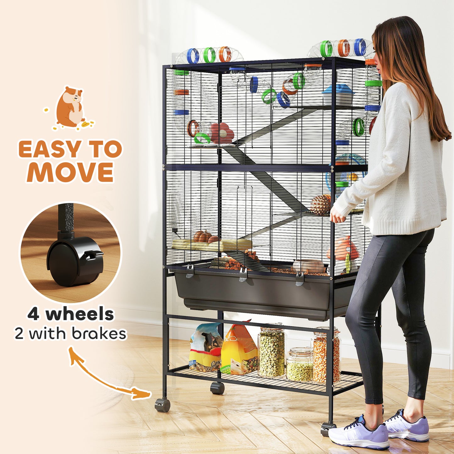 Hamster Cage, 5 Tier Gerbil Cage on Wheels with Storage Shelf