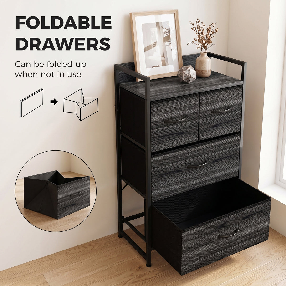 4-Drawer Fabric Chest with Top Shelf and Steel Frame - Black Wood Effect