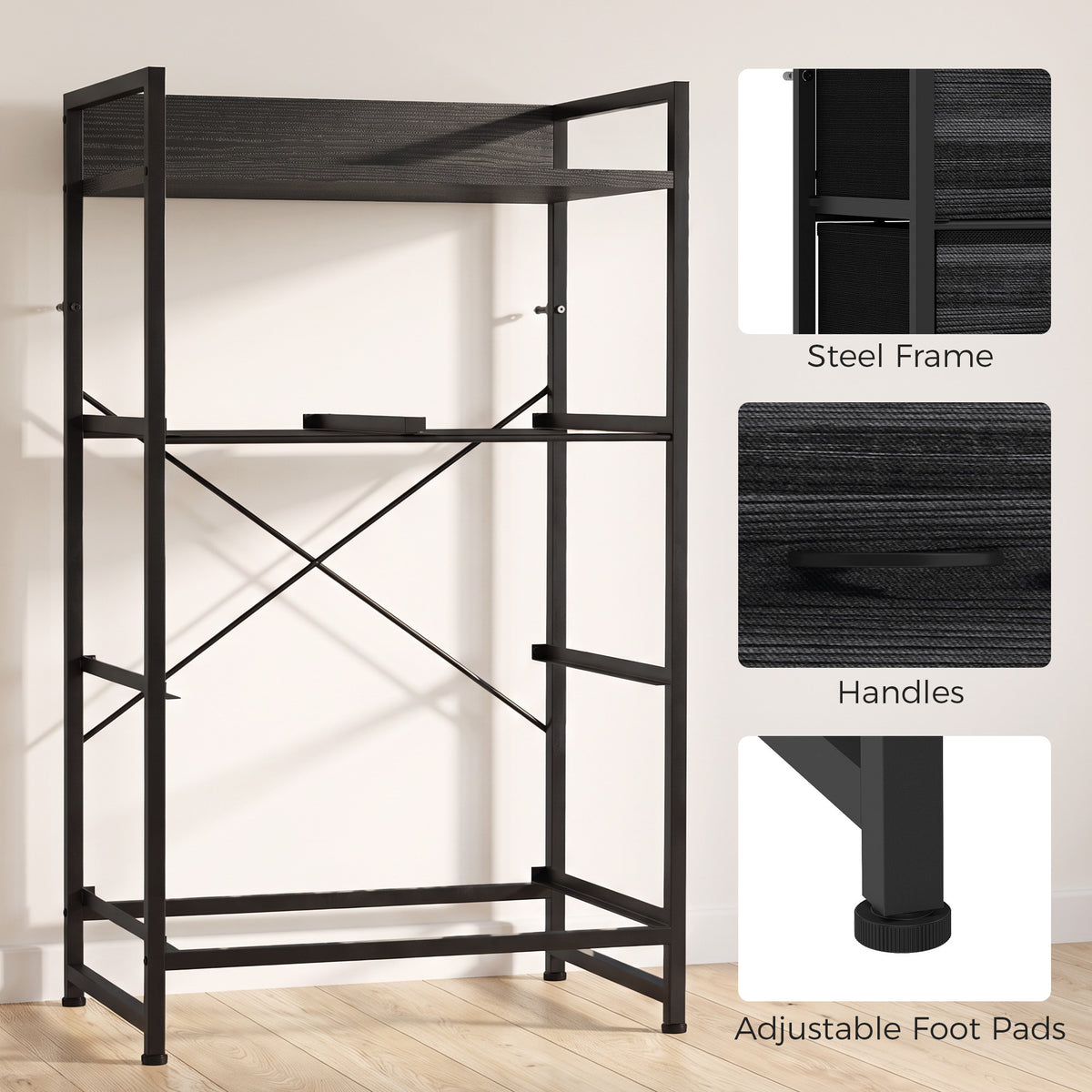 4-Drawer Fabric Chest with Top Shelf and Steel Frame - Black Wood Effect