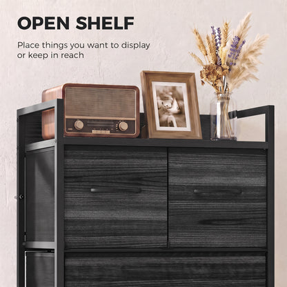 4-Drawer Fabric Chest with Top Shelf and Steel Frame - Black Wood Effect