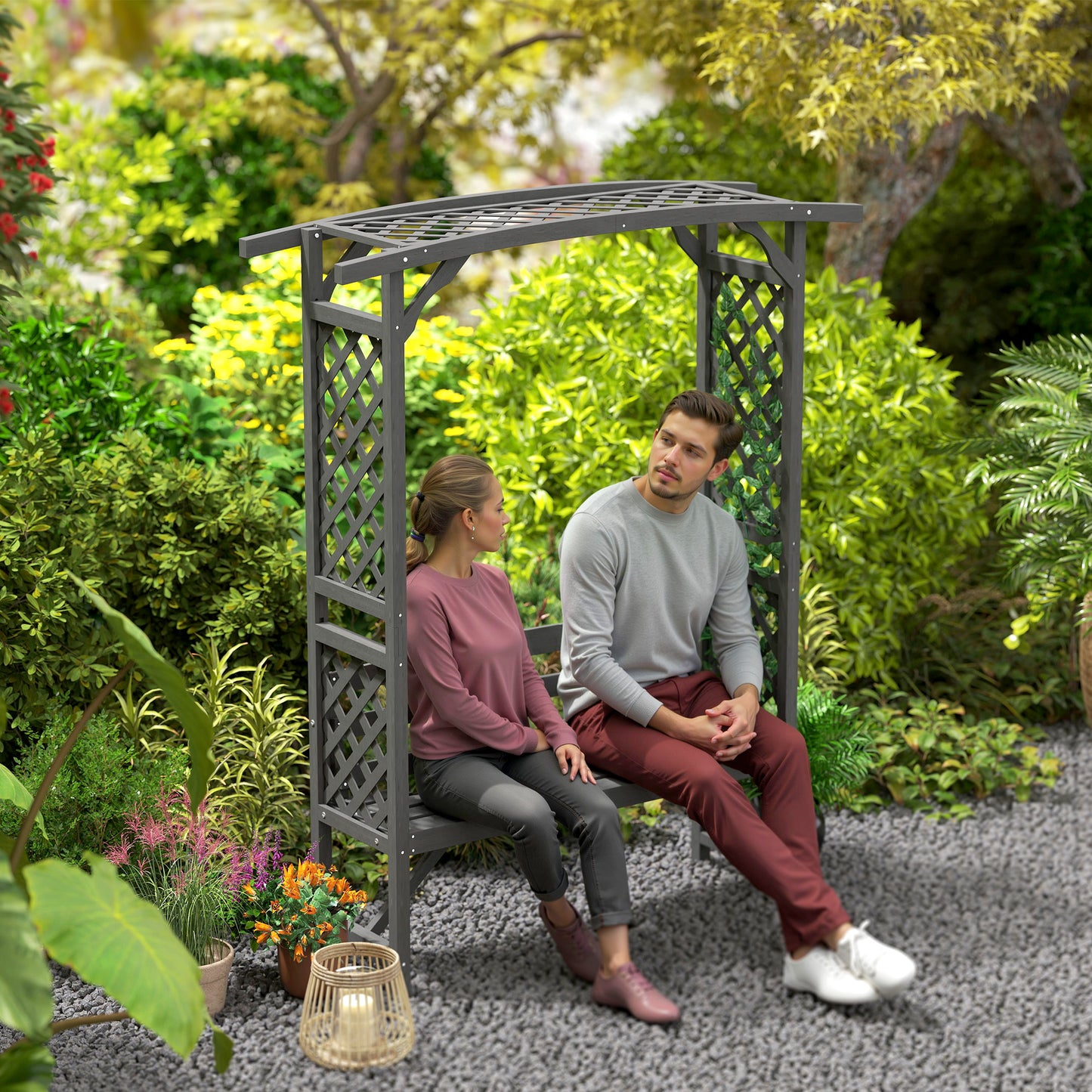 Arch Pergola Garden Bench, Wooden Garden Arbour with Seat, Grey