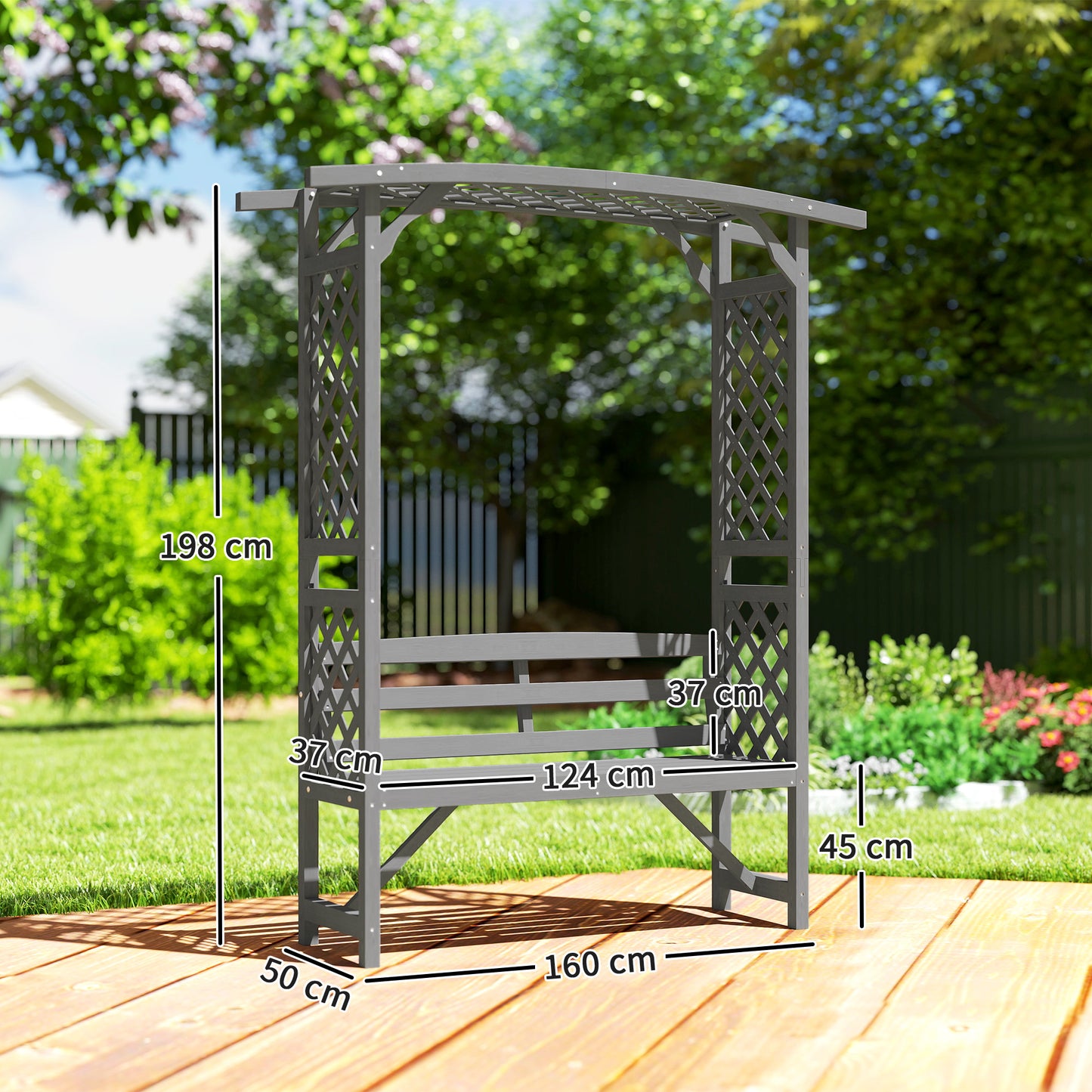 Arch Pergola Garden Bench, Wooden Garden Arbour with Seat, Grey