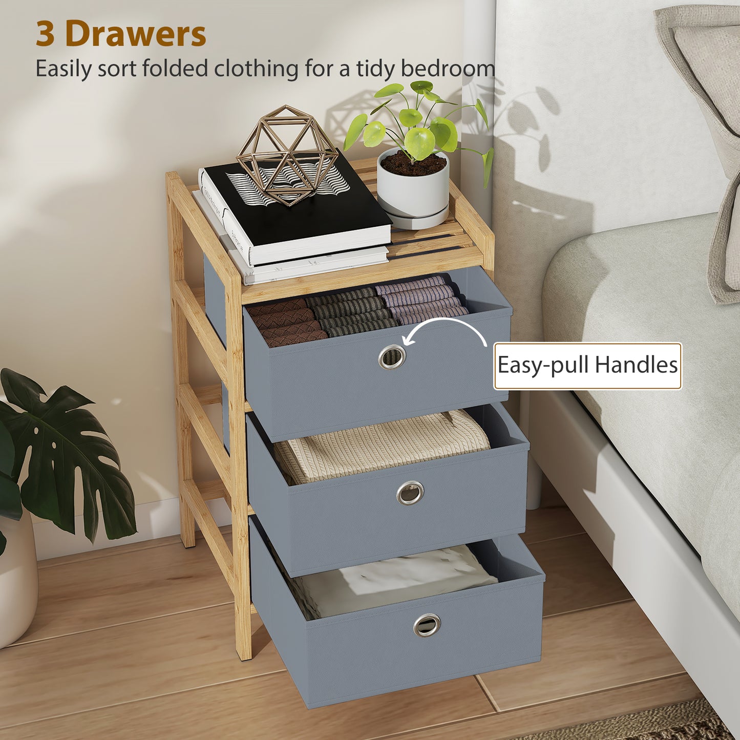 Chest of Drawers, 3 Drawers Dresser with Bamboo Frame, Light Grey