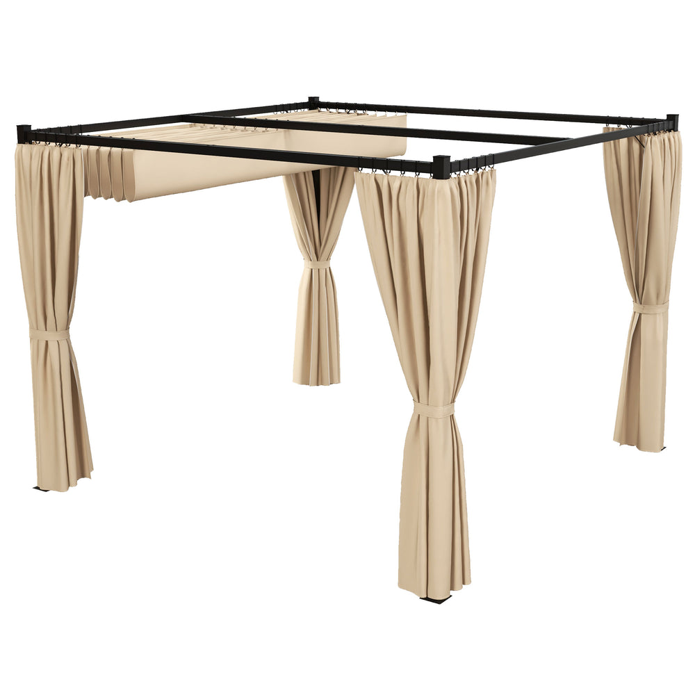 3 x 3(m) Retractable Pergola, Garden Gazebo Shelter with Curtains, for Grill, Patio, Deck, Beige