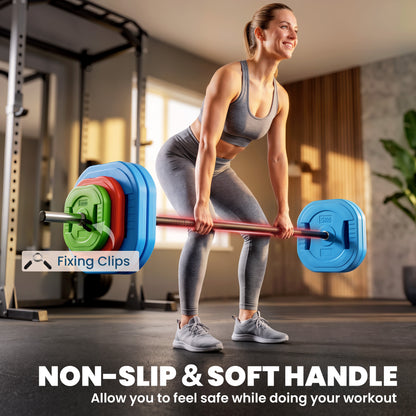 30kg Adjustable Barbell Set with 8 Grip Plates and Clips - Multicolour
