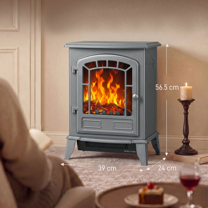 Freestanding Electric Fireplace Stove with LED Flame, 2000W, Grey