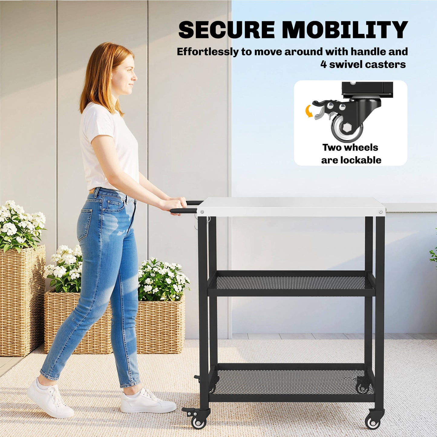 Outdoor Grill Cart, Pizza Oven Stand with Adjustable Shelf, Hooks