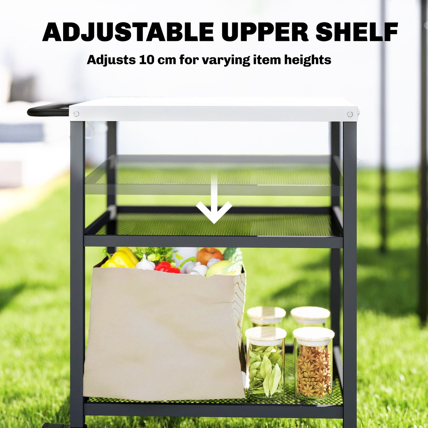 Outdoor Grill Cart, Pizza Oven Stand with Adjustable Shelf, Hooks