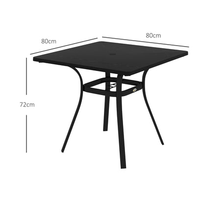 Steel Frame Garden Table with Metal Tabletop, Foot Pads, Umbrella Hole, Modern Design, for Balcony, Porch, Black