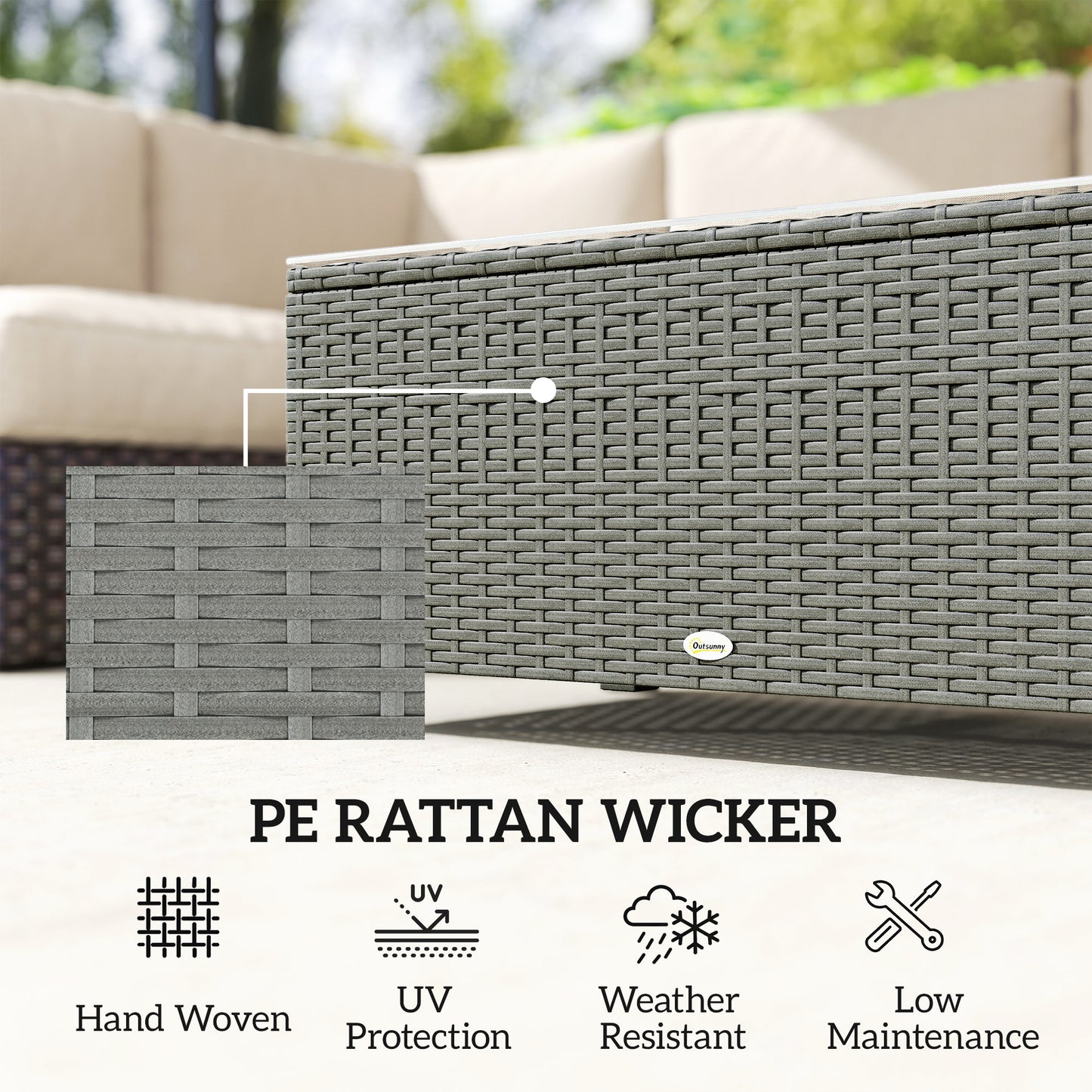 Garden Rattan Side Table, Wicker Coffee Desk, Glass Top, Light Grey