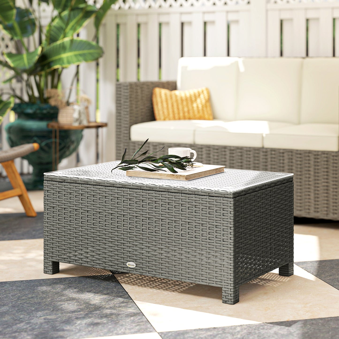 Garden Rattan Side Table, Wicker Coffee Desk, Glass Top, Light Grey