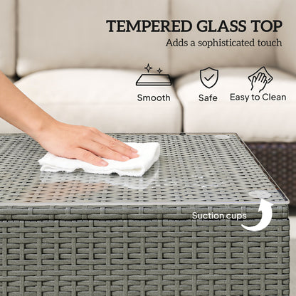 Garden Rattan Side Table, Wicker Coffee Desk, Glass Top, Light Grey