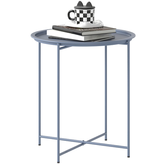 46cm Round Garden Table Side Table with Removable Tray, Blue Grey