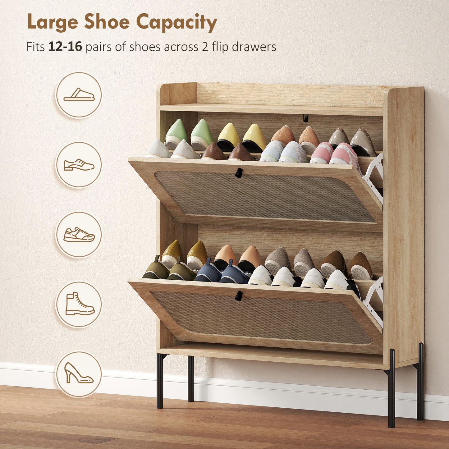 Boho Narrow Shoe Cabinet, Shoe Rack with 2 Flip Drawers, Oak