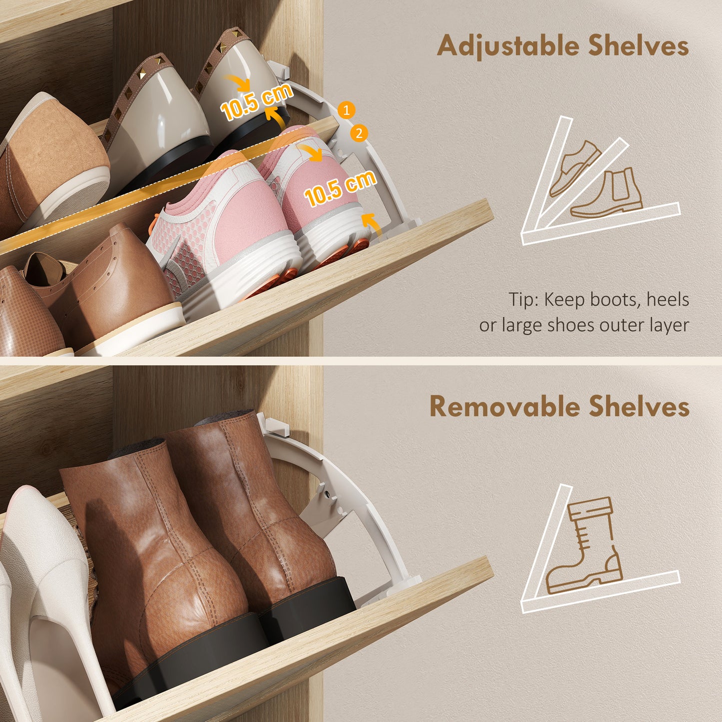 Boho Narrow Shoe Cabinet, Shoe Rack with 2 Flip Drawers, Oak