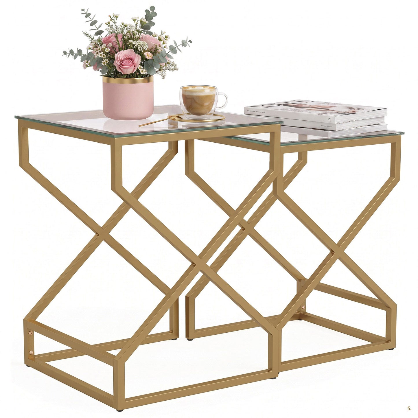 Nest of Tables, Side Table Set of 2 with Transparent Top, Transparent