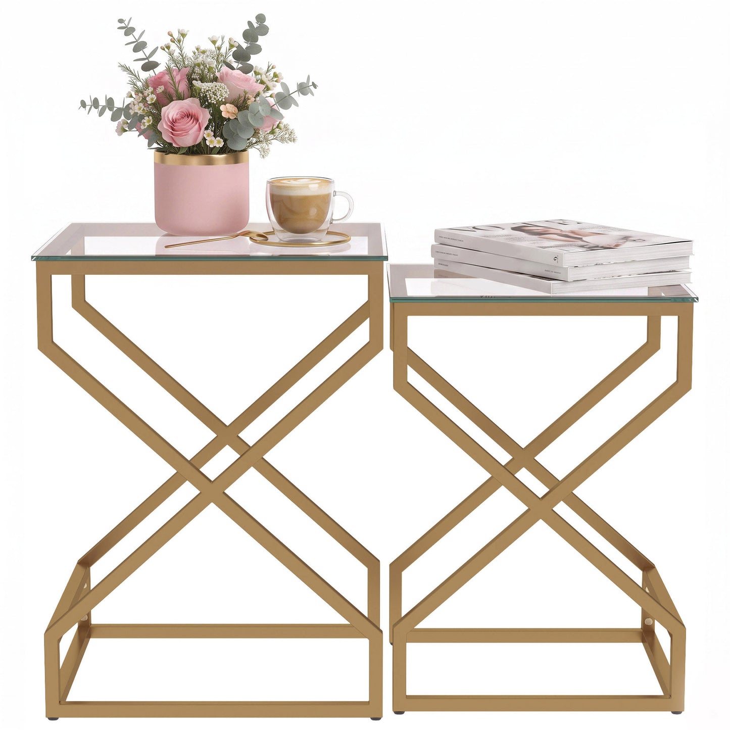Nest of Tables, Side Table Set of 2 with Transparent Top, Transparent