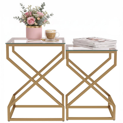 Nest of Tables, Side Table Set of 2 with Transparent Top, Transparent